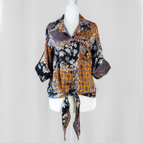 Eclectic Long Sleeve Button Up with waist tie - Picture 1 of 6